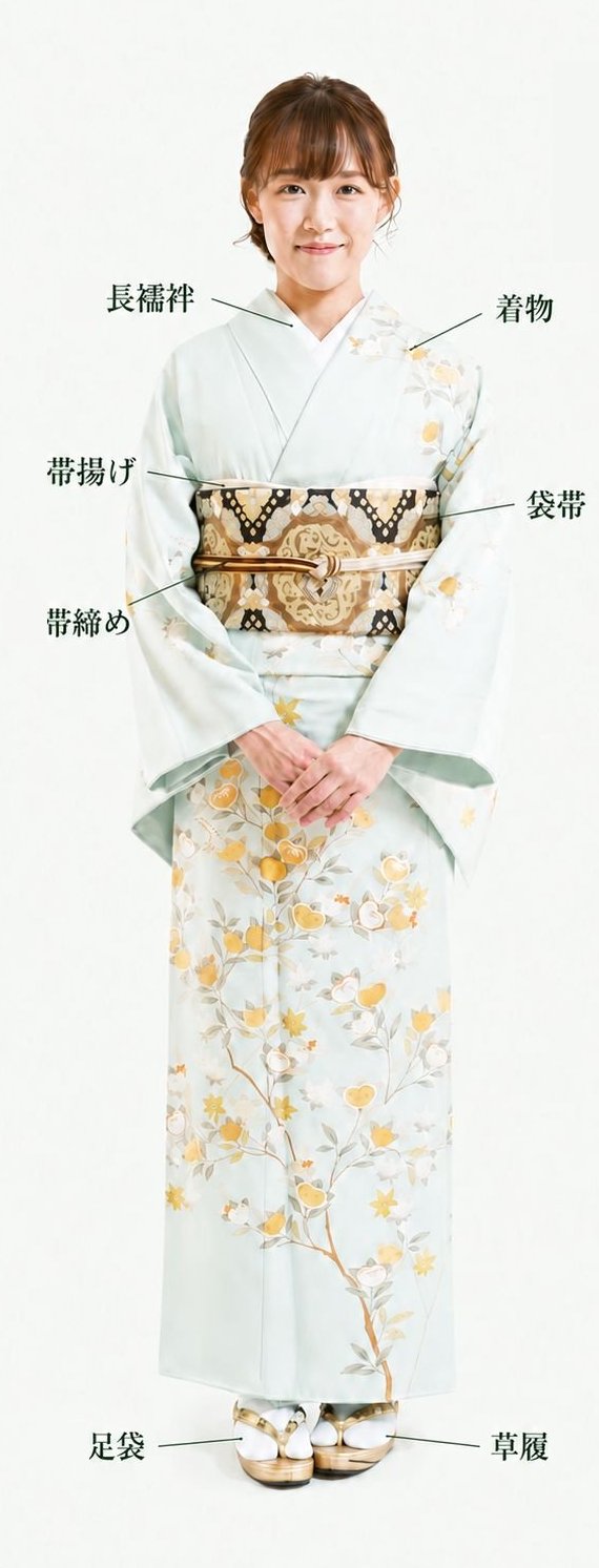 ママ着物の各部の名前（長襦袢・着物・帯揚げ・袋帯・帯締め・足袋・草履）